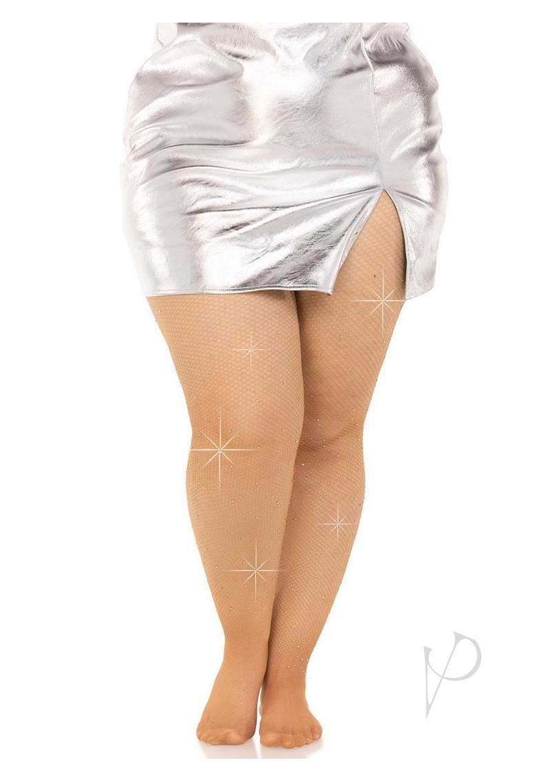 Leg Avenue Fishnet Crystalized Tights with Multi-sized Iridescent Rhinestones - Plus Size - Caramel