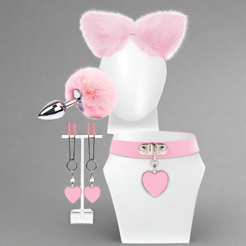 Cloud 9 Lingerie | Adult Toys in Corpus Christi | PINK KITTY COSPLAY SET WITH PINK EARS, PINK COLLAR WITH HEART CHARM, PINK NIPPLE CLAMPS, AND PINK FURRY ANAL PLUG