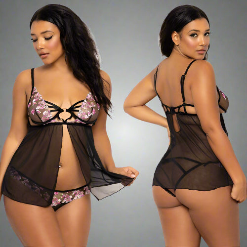 Cloud 9 Lingerie | Sexy Lingerie Store in Corpus Christi | Floral Mesh Flyaway Babydoll Set