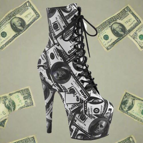 Cloud 9 Lingerie | Sexy Stripper Shoes in Corpus Christi | DOLLAR PRINT ANKLE HIGH LACE UP BOOTS