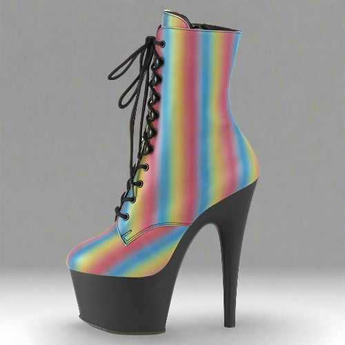 Multicolored striped high-heeled boot on a white background