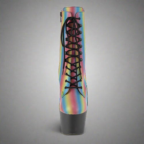Multicolored boot with black laces on a white background