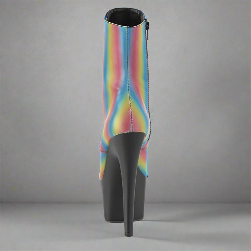 Multicolored striped high-heeled boot on a white background