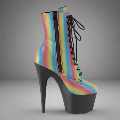 High-heeled boot with rainbow striped design on a white background