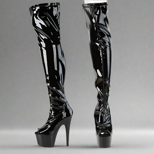 Cloud 9 Lingerie | Sexy Stripper Boots in Corpus Christi | 7-INCH PEEP-TOE PATENT LEATHER THIGH HIGH BOOTS