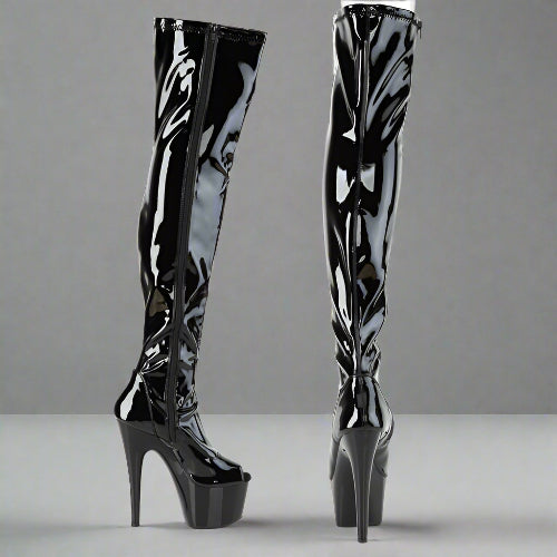 Cloud 9 Lingerie | Sexy Stripper Boots in Corpus Christi | 7-INCH PEEP-TOE PATENT LEATHER THIGH HIGH BOOTS