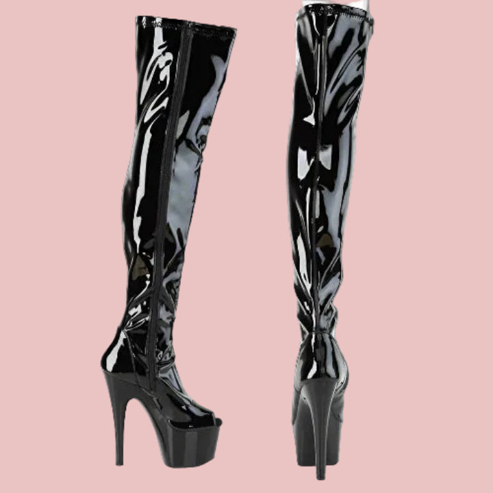 Cloud 9 Lingerie | Sexy Stripper Boots in Corpus Christi | 7-INCH PEEP-TOE PATENT LEATHER THIGH HIGH BOOTS