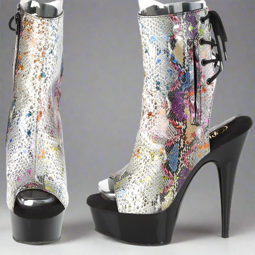 High-heeled platform boot with multi-color snake pattern