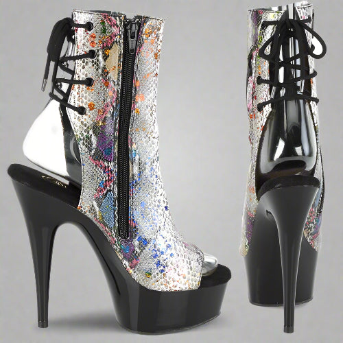 High-heeled platform boot with multi-color snake pattern