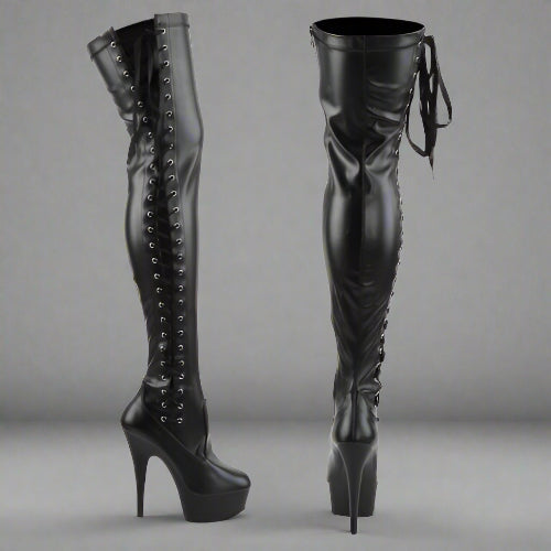 Black leather knee-high boots with high heels on a white background