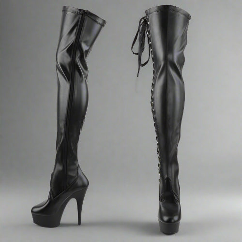 Black lace-up high-heeled boots