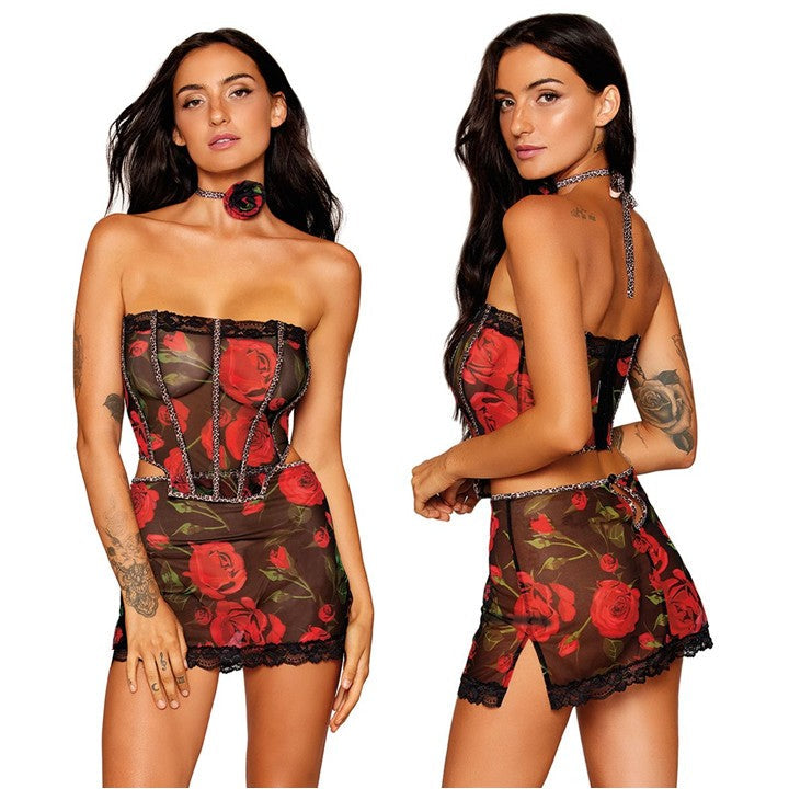 ROSE-PRINT & LEOPARD SKIRT SET