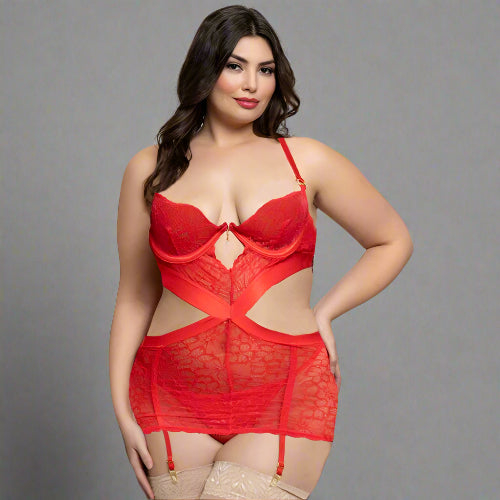 Cloud 9 Lingerie | Sexy Stripper Store in Corpus Christi | SHEER RED FLORAL GARTER SLIP WITH FREE THIGH HIGH STOCKINGS