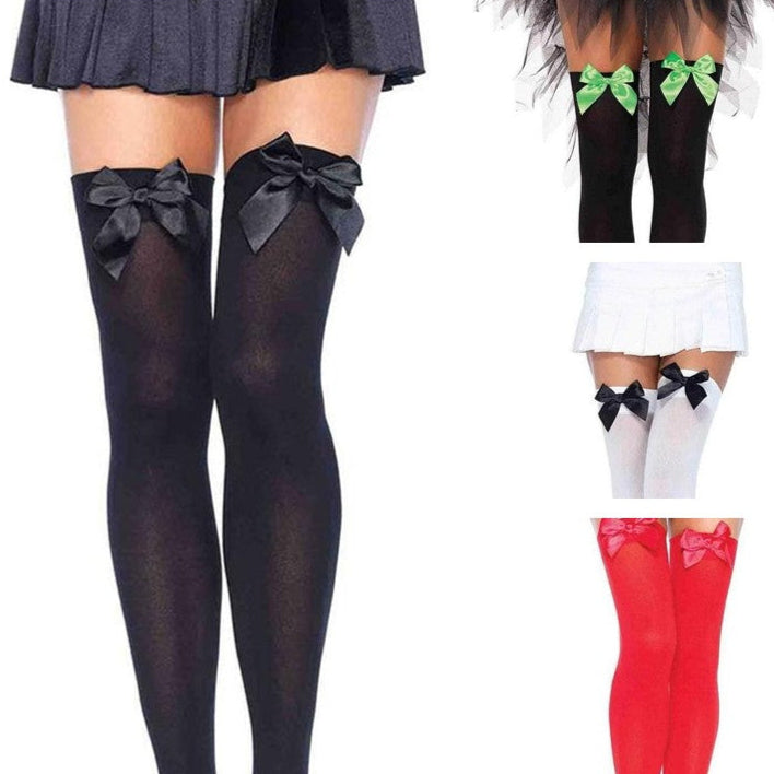 Cloud 9 Lingerie | Sexy Lingerie in Corpus Christi | OPAQUE THIGH HIGH STOCKINGS WITH GREEN SATIN BOWS