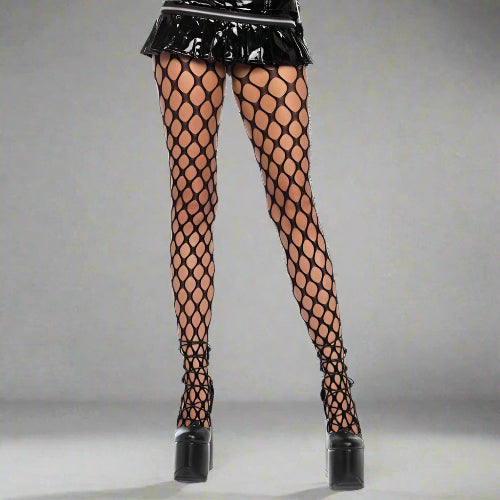 Black fishnet stockings with a white background