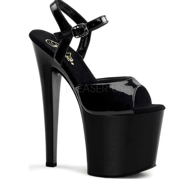 PLEASER SHOES Black high-heeled platform shoe on a white background