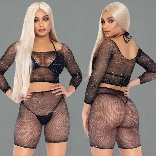 Cloud 9 Lingerie | Sexy Rave Lingerie in Corpus Christi | BLACK RHINESTONE FISHNET LONG SLEEVE CROP TOP AND FISHNET BIKER SHORT SET