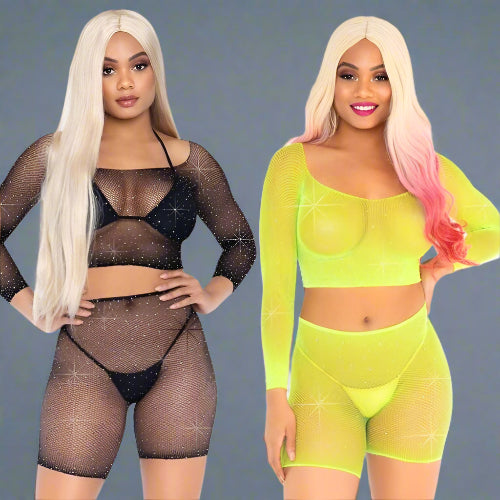 2-PIECE FISHNET & RHINESTONE DAZZLE SHORT SET