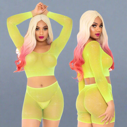 2-PIECE FISHNET & RHINESTONE DAZZLE SHORT SET