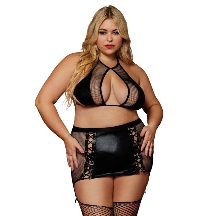Cloud 9 Lingerie | Corpus Christi Sexy Lingerie Store | Plus Size BDSM Faux Leather Garter Skirt Set with Open Butt View | FREE Thigh High Stockings Included with Purchase of This Garter Skirt Set | $49.99