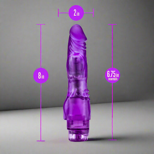 Blush B Yours Vibe #4 Purple Realistic Vibrating Dildo in packaging, featuring a soft and flexible FlexiShaft® design, multi-speed vibrations, and clitoral nubs. Waterproof IPX7, phthalate-free, body-safe material, with a twist-dial base. Ideal for bath use, easy to clean, powered by 2 AA batteries (not included). Perfect for beginners seeking a realistic feel and versatile pleasure."