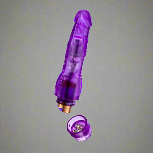 Blush B Yours Vibe #4 Purple Realistic Vibrating Dildo in packaging, featuring a soft and flexible FlexiShaft® design, multi-speed vibrations, and clitoral nubs. Waterproof IPX7, phthalate-free, body-safe material, with a twist-dial base. Ideal for bath use, easy to clean, powered by 2 AA batteries (not included). Perfect for beginners seeking a realistic feel and versatile pleasure."