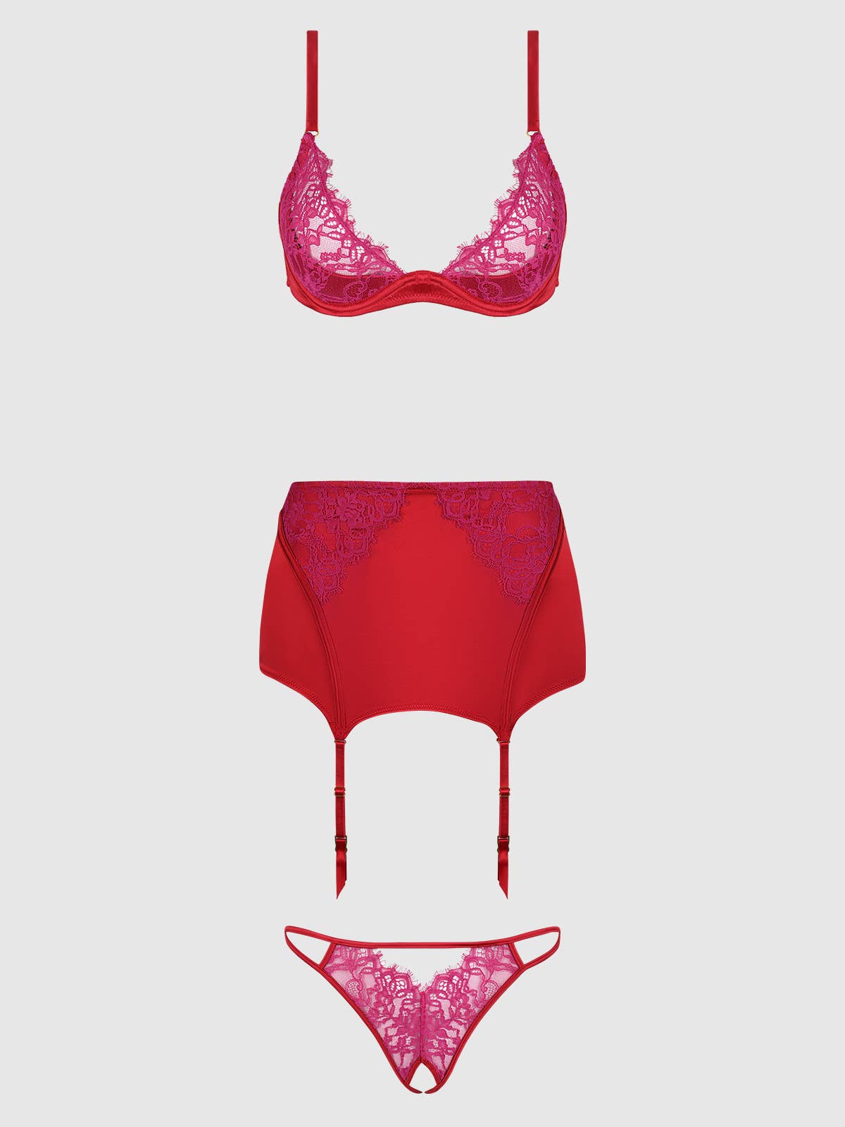 JOCELYN LACE & SATIN BRA, SKIRT & CROTCHLESS G-STRING SET