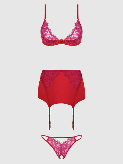 JOCELYN LACE & SATIN BRA, SKIRT & CROTCHLESS G-STRING SET