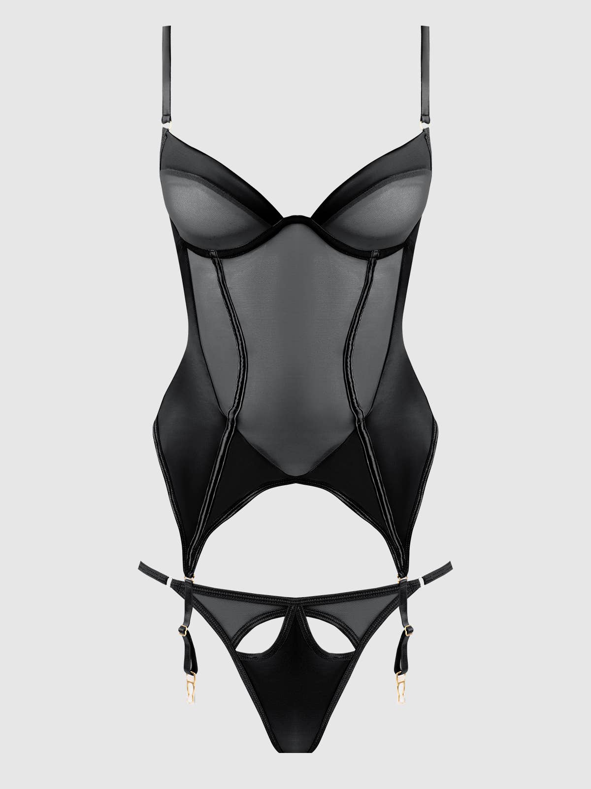 RAQUEL MESH & SILKY MICRO UNDERWIRE BUSTIER & BACKLESS TANGA SET