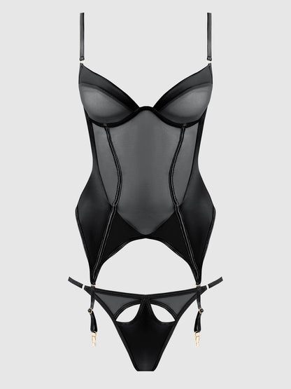 RAQUEL MESH & SILKY MICRO UNDERWIRE BUSTIER & BACKLESS TANGA SET