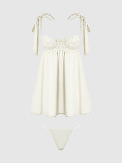 ROSALIE SATIN & EMBROIDERED LACE BABYDOLL & G-STRING SET