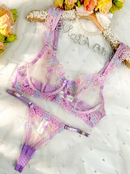 Purple Butterfly Bow Embroidered Flower Lingerie Set