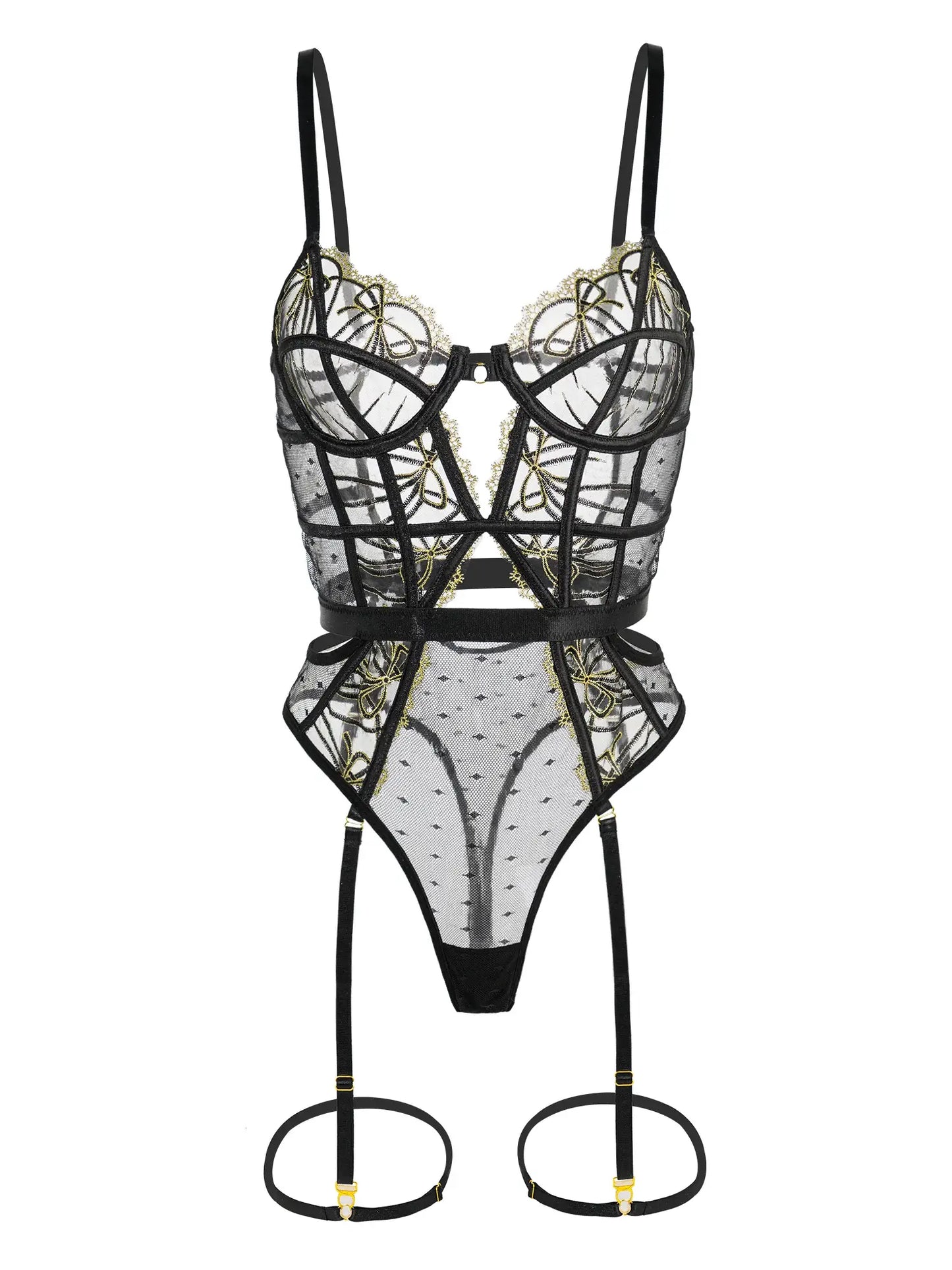 Black Gold-threaded Butterfly Bow Lace Bodysuit