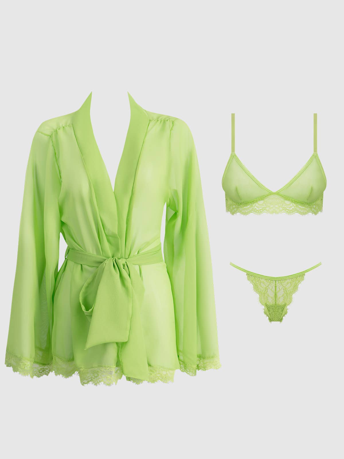 SHAVON LACE & CHIFFON ROBE, BRALETTE & G-STRING SET