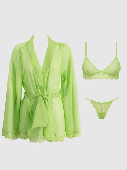 SHAVON LACE & CHIFFON ROBE, BRALETTE & G-STRING SET