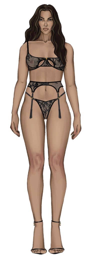 YVONE LACE OPEN CUP BRA, CROTCHLESS THONG & GARTER SET
