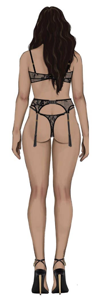 YVONE LACE OPEN CUP BRA, CROTCHLESS THONG & GARTER SET