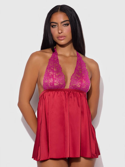 JOCELYN LACE & SATIN DROP OFF BABYDOLL & G-STRING SET