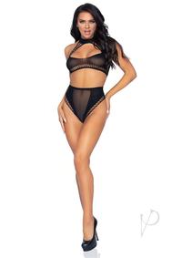 Leg Avenue Keyhole Net Halter Crop Top and High Waist Bottoms (2 Piece) - Os - Black