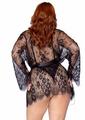 Leg Avenue Floral Lace Teddy with Adjustable Straps and Cheeky Thong Back Matching Lace Robe with Scalloped Trim and Satin Tie (3 Pieces) - 1X/2x - Black