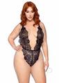 Leg Avenue Floral Lace Teddy with Adjustable Straps and Cheeky Thong Back Matching Lace Robe with Scalloped Trim and Satin Tie (3 Pieces) - 1X/2x - Black