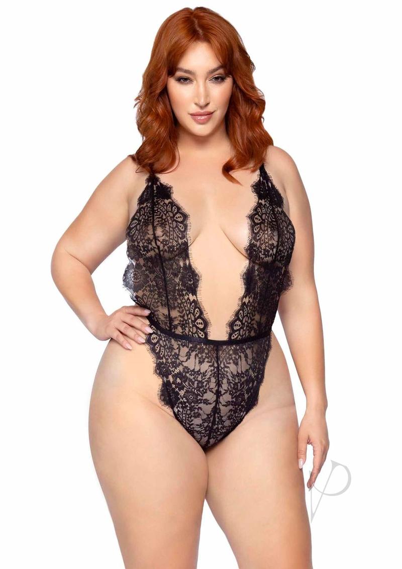 Leg Avenue Floral Lace Teddy with Adjustable Straps and Cheeky Thong Back Matching Lace Robe with Scalloped Trim and Satin Tie (3 Pieces) - 1X/2x - Black