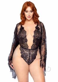Leg Avenue Floral Lace Teddy with Adjustable Straps and Cheeky Thong Back Matching Lace Robe with Scalloped Trim and Satin Tie (3 Pieces) - 1X/2x - Black