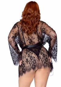 Leg Avenue Floral Lace Teddy with Adjustable Straps and Cheeky Thong Back Matching Lace Robe with Scalloped Trim and Satin Tie (3 Pieces) - 1X/2x - Black