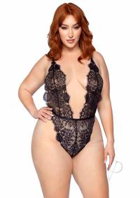 Leg Avenue Floral Lace Teddy with Adjustable Straps and Cheeky Thong Back Matching Lace Robe with Scalloped Trim and Satin Tie (3 Pieces) - 1X/2x - Black