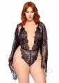 Leg Avenue Floral Lace Teddy with Adjustable Straps and Cheeky Thong Back Matching Lace Robe with Scalloped Trim and Satin Tie (3 Pieces) - 1X/2x - Black