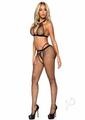 Leg Avenue Rhinestone Fishnet Keyhole Halter Top, G-string and Crotchless Tights (3 Pieces) - Os - Black