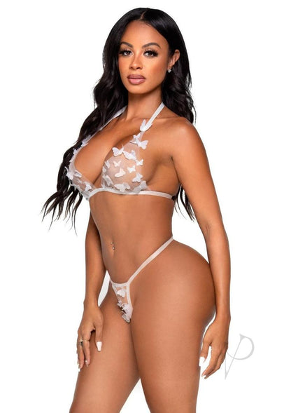 Leg Avenue Sheer Butterfly Applique Bra Top and G-string Panty (2 Pieces) - Medium - White