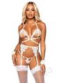 Leg Avenue Eyelash Lace Cage Strap Open Cup Bra with Heart Ring Accent, Garter Belt, G-string Panty and Wrist Cuffs (4 Pieces) - Os - White
