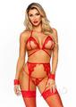 Leg Avenue Eyelash Lace Cage Strap Open Cup Bra with Heart Ring Accent, Garter Belt, G-string Panty and Wrist Cuffs (4 Pieces) - Os - Red